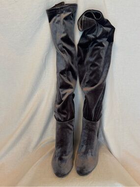 Aldo Charcoal Velvet Over the Knee Boots Block Heel Thigh High Luxe Chic